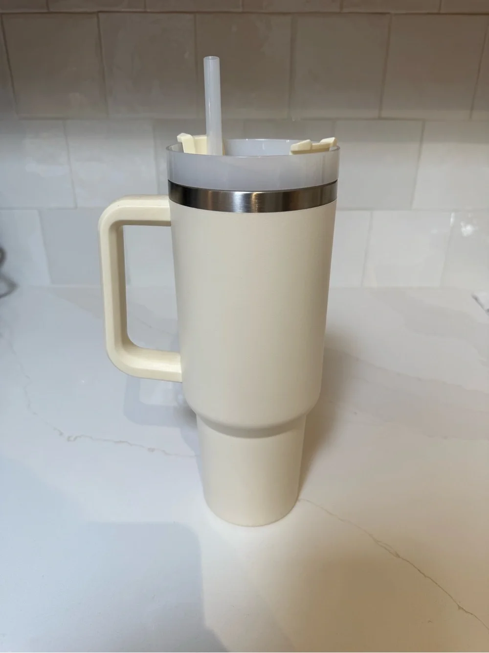 Stanley Cream Insulated Travel Tumbler with Handle and Straw